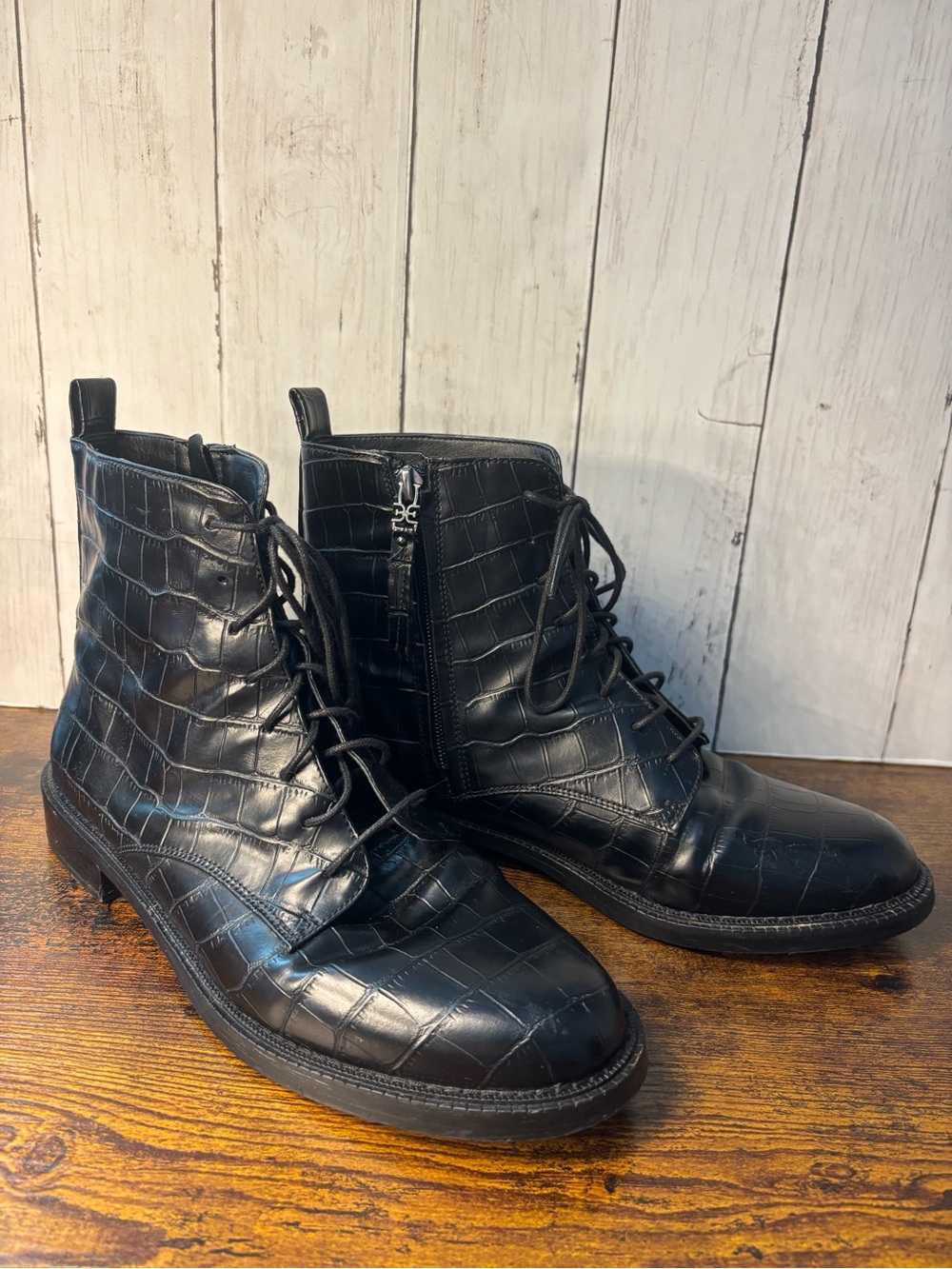 Women’s Sam Edelman Black Croc-Embossed Leather Lace-Up Ankle Boots